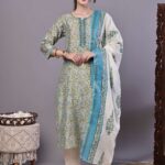 Women's Green & Blue Floral Chanderi Printed Kurta Set with Dupatta Suit Sets - XL